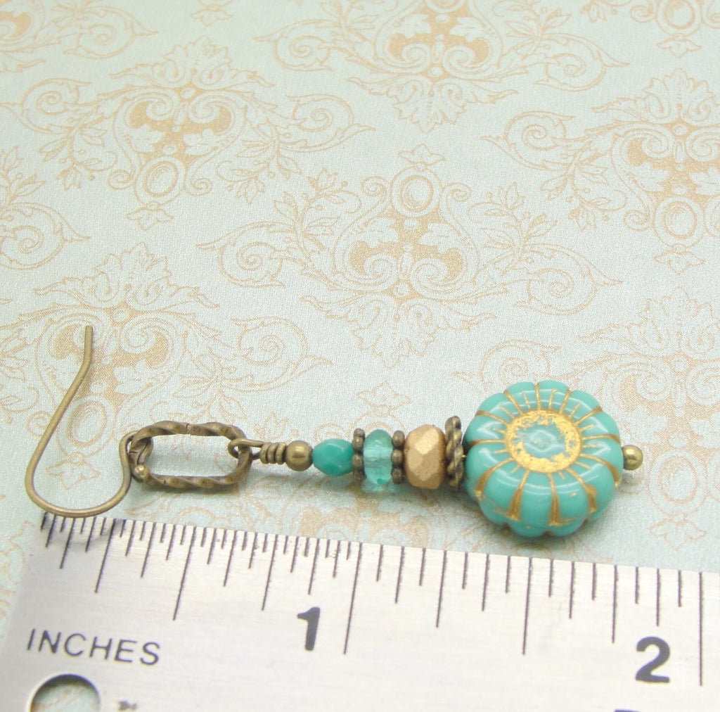 Turquoise Blue Glass Flower Earrings with Antiqued Brass Beads and Brass or Niobium Earwires