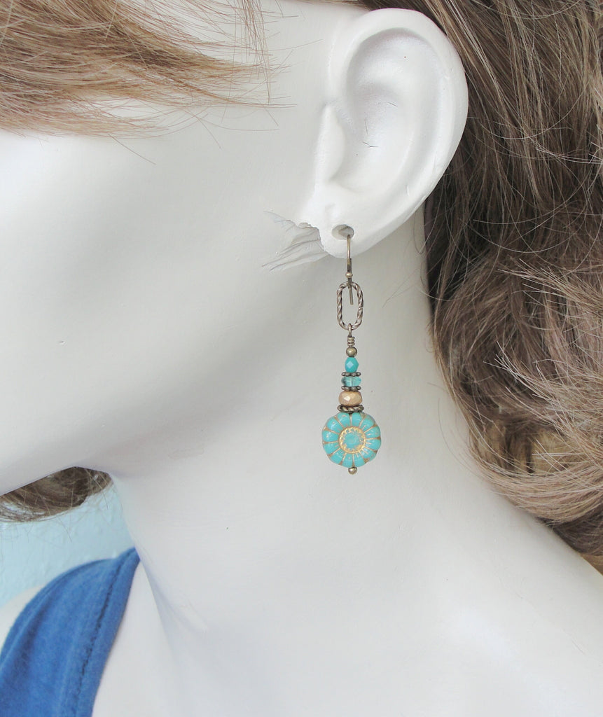 Turquoise Blue Glass Flower Earrings with Antiqued Brass Beads and Brass or Niobium Earwires