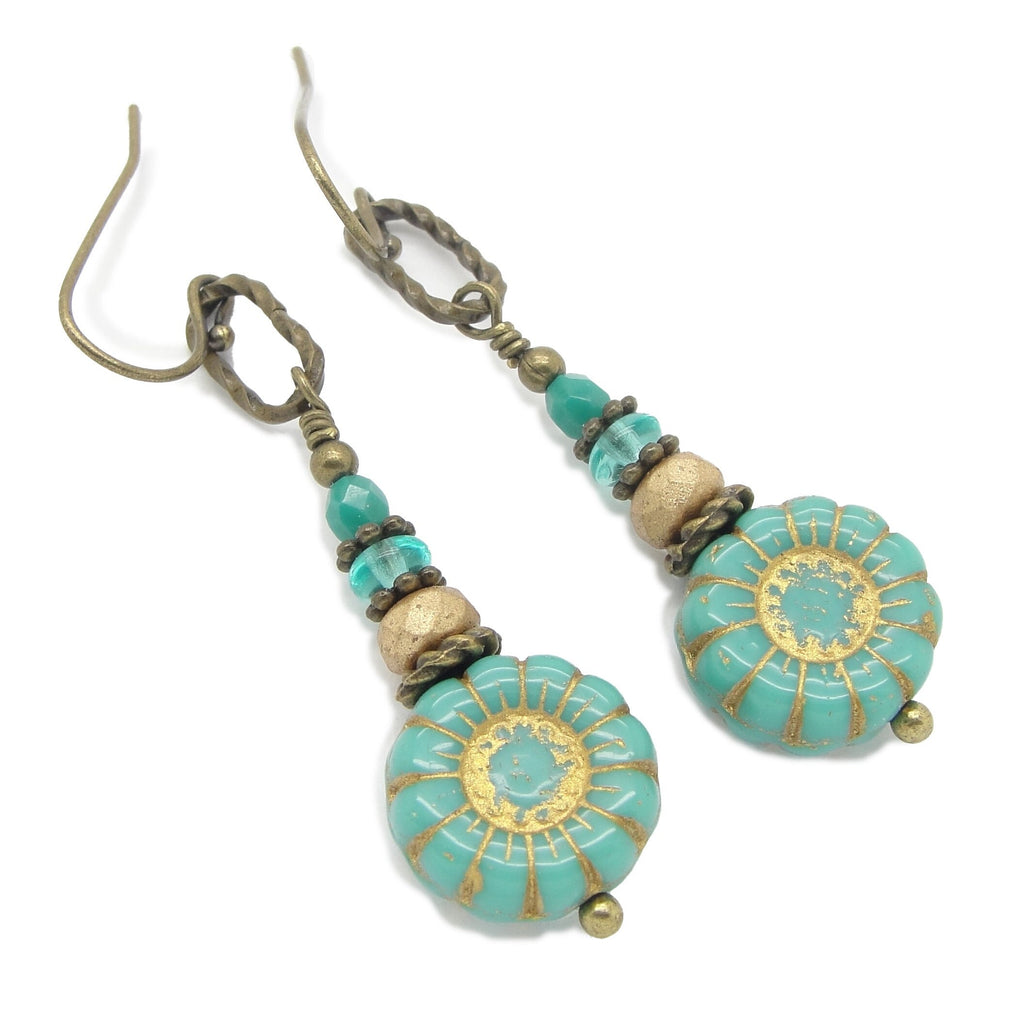 Turquoise Blue Glass Flower Earrings with Antiqued Brass Beads and Brass or Niobium Earwires