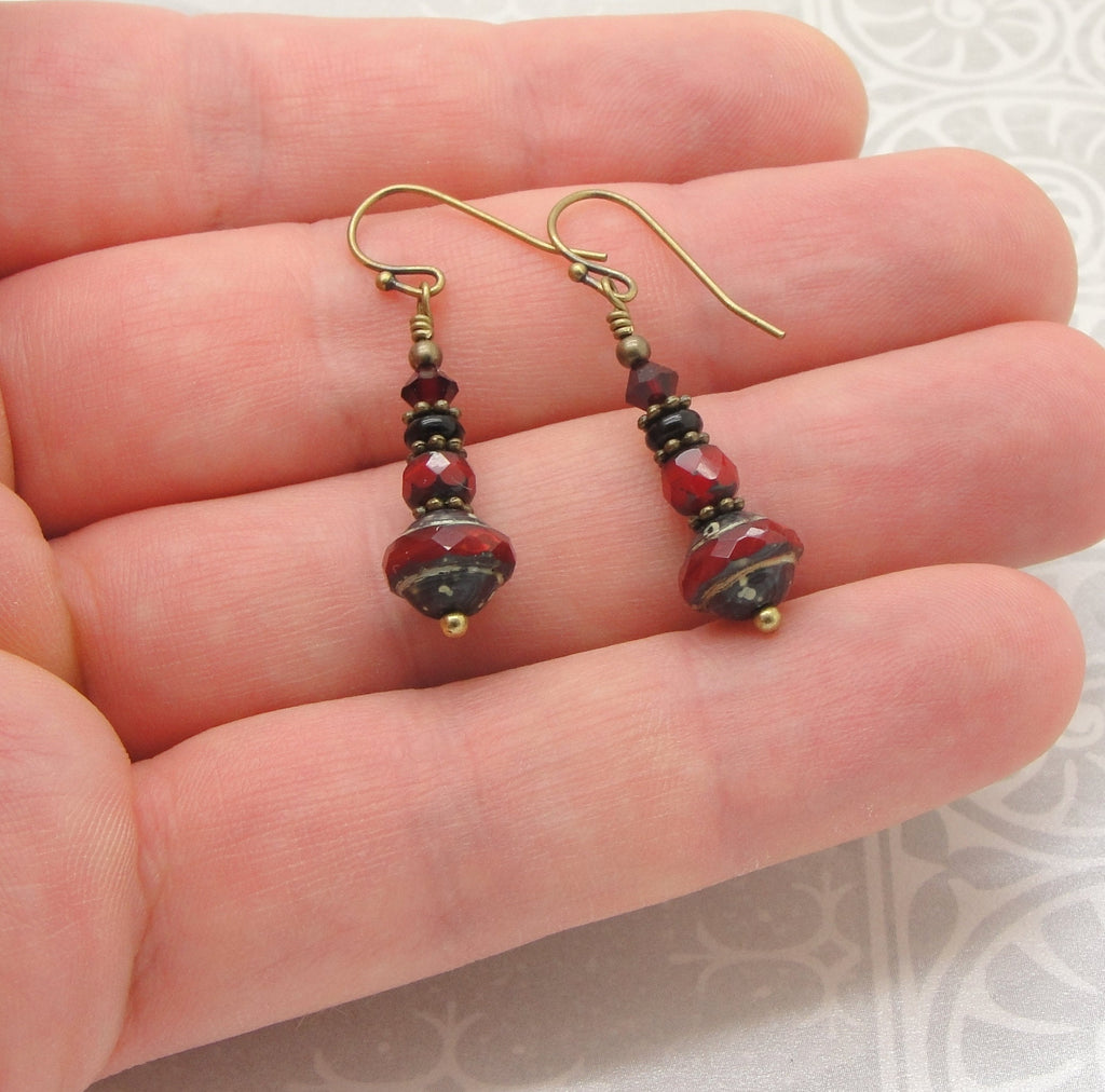 Boho Saucer Earrings in Red and Black with Faceted Czech Glass Saturn Beads