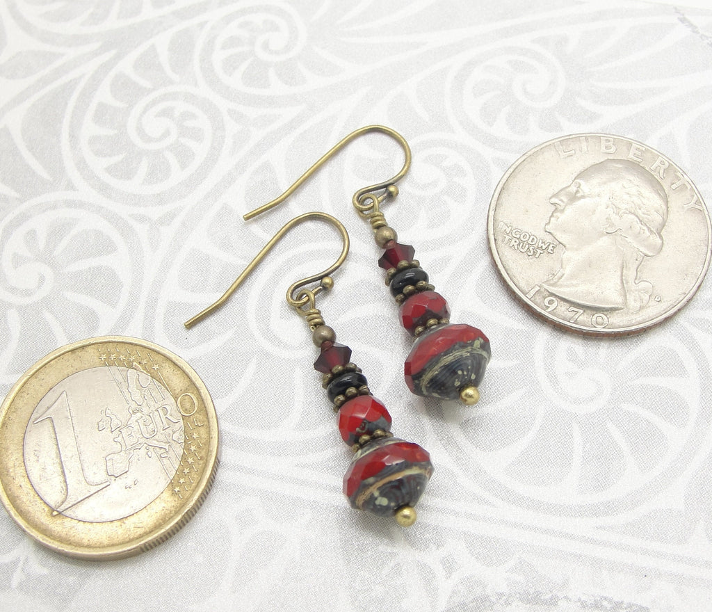 Boho Saucer Earrings in Red and Black with Faceted Czech Glass Saturn Beads