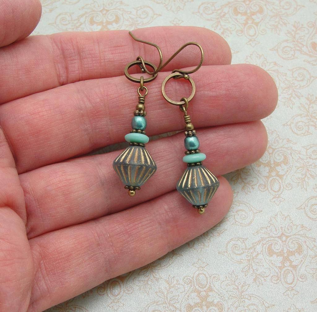 Boho Bronze Hoop and Glass Bead Earrings with Aqua and Gold Tones and Choice of Niobium or Brass Earwires