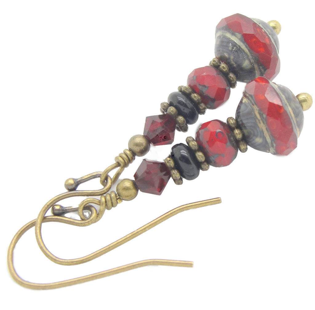 Boho Saucer Earrings in Red and Black with Faceted Czech Glass Saturn Beads