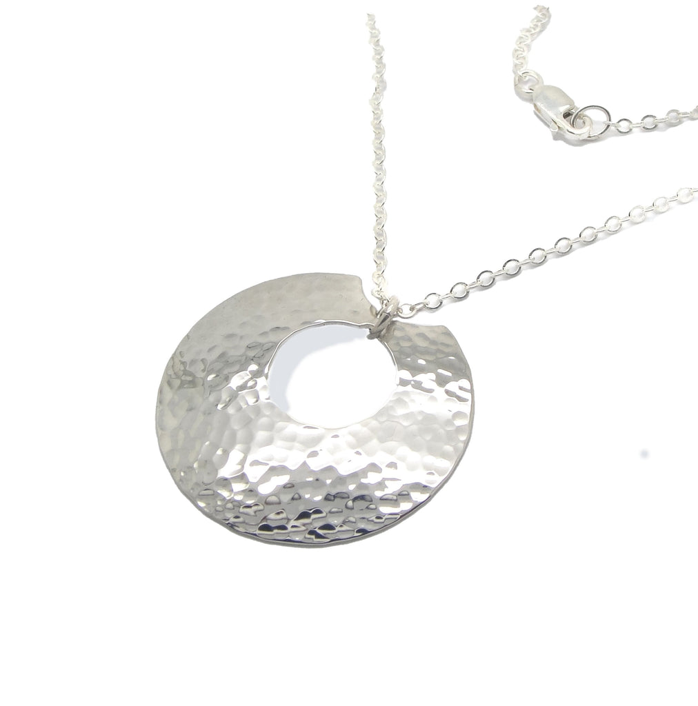 Notched Peep Hammered Sterling Silver Disc Necklace in Medium Large with 1 1/4" Inch Disk and Cable Chain in Choice of Length in 925