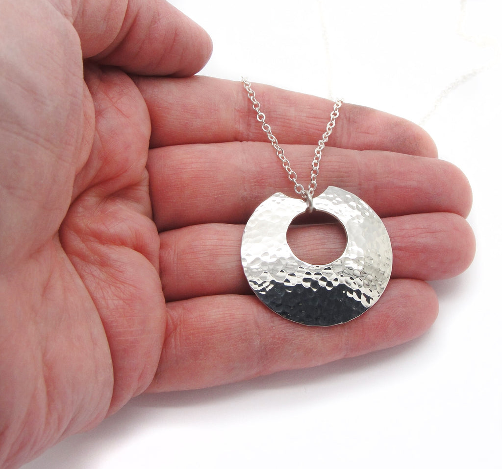 Notched Peep Hammered Sterling Silver Disc Necklace in Medium Large with 1 1/4" Inch Disk and Cable Chain in Choice of Length in 925