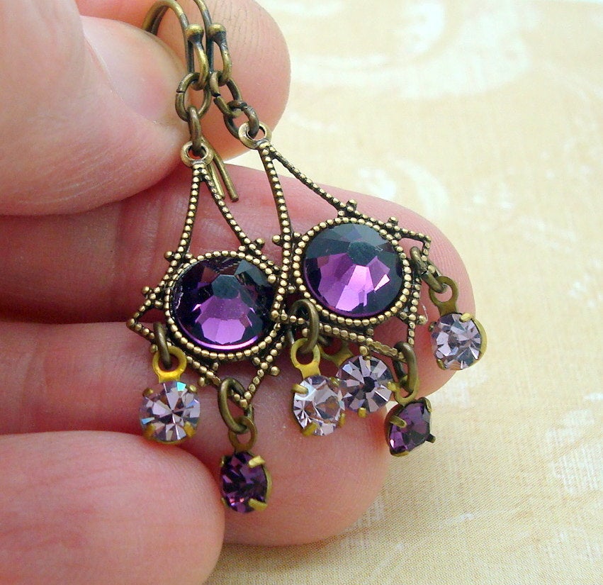 Purple Dangle Earrings in a Small Chandelier Style with Amethyst Swarovski Rhinestones hand