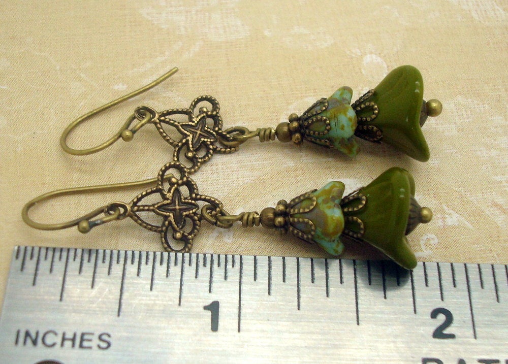 boho flower dangle earrings in green and turquoise greenish blue ruler