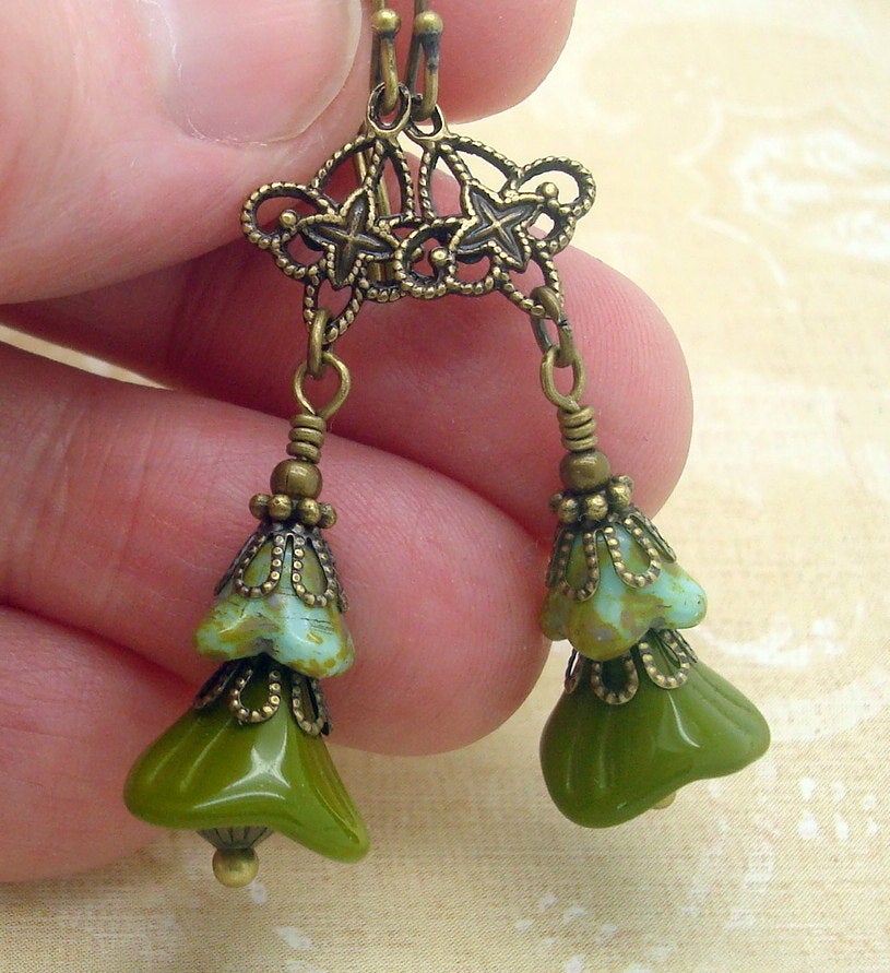 boho flower dangle earrings in green and turquoise greenish blue 