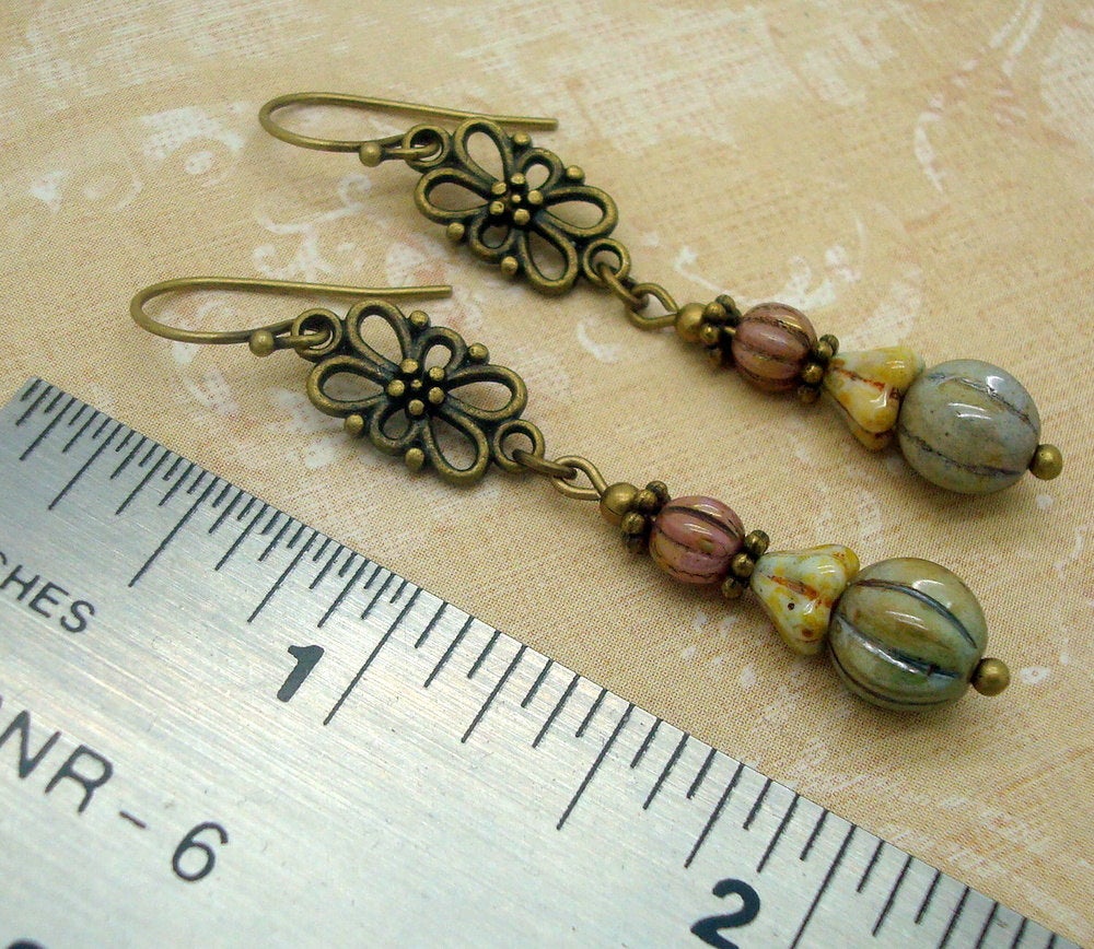 victorian earrings filigree with rustic flowers  ruler