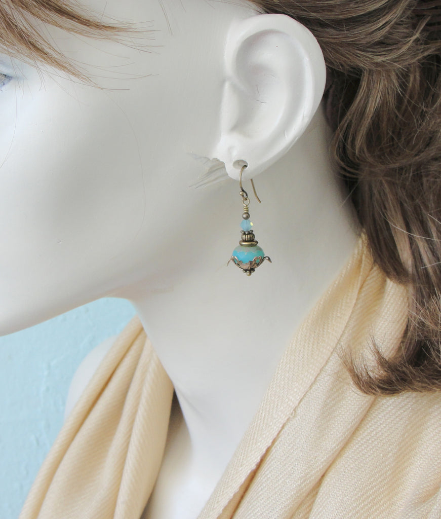 boho victorian style earrings blue on model