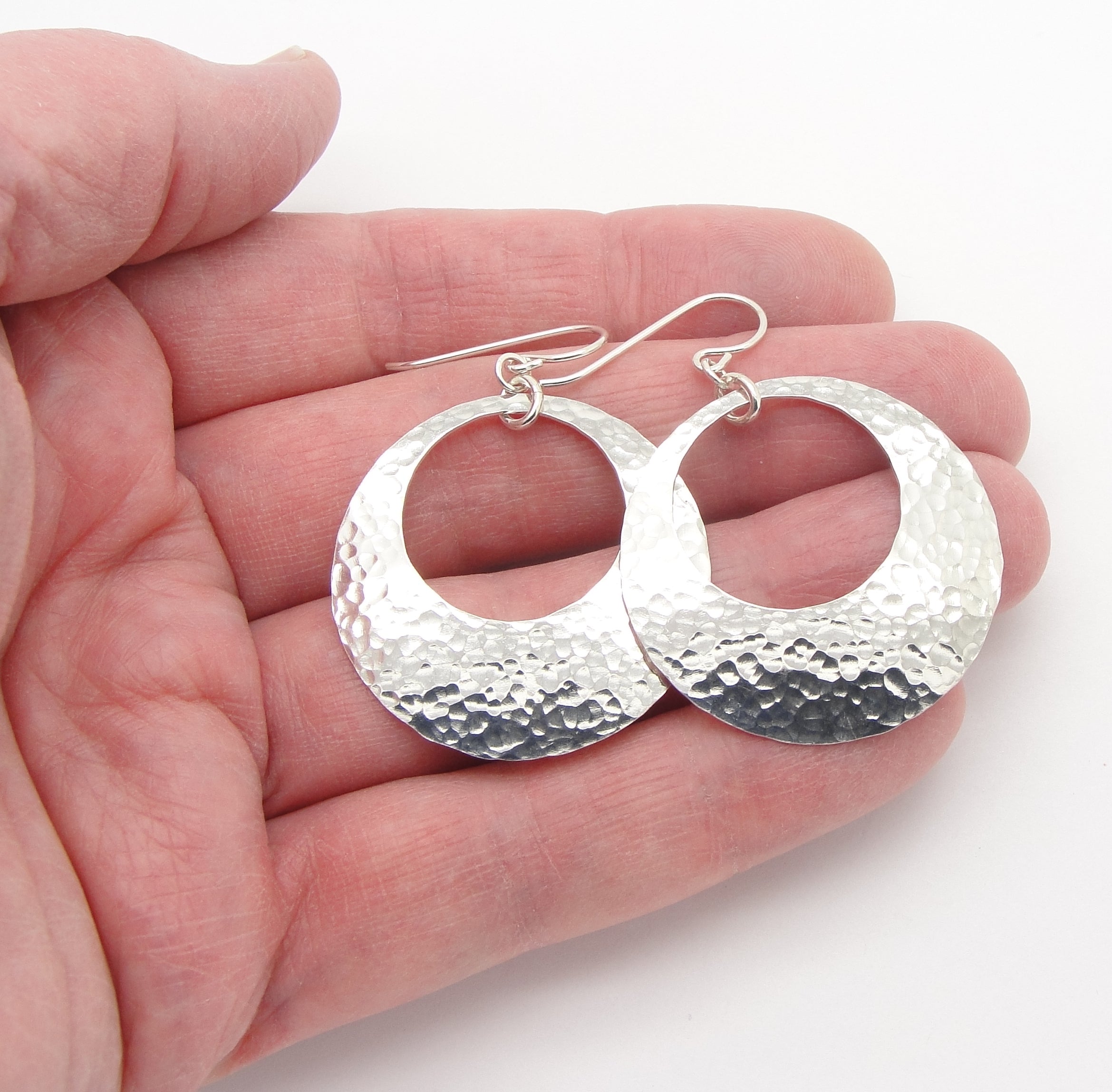 Lunar Crescent Hammered Shiny Silver Hoop Earrings