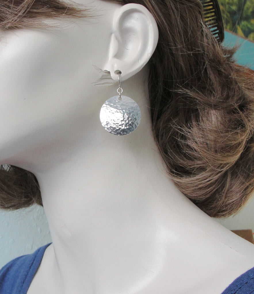 Medium 1 Inch Sterling Silver Hammered Disc Earrings  on