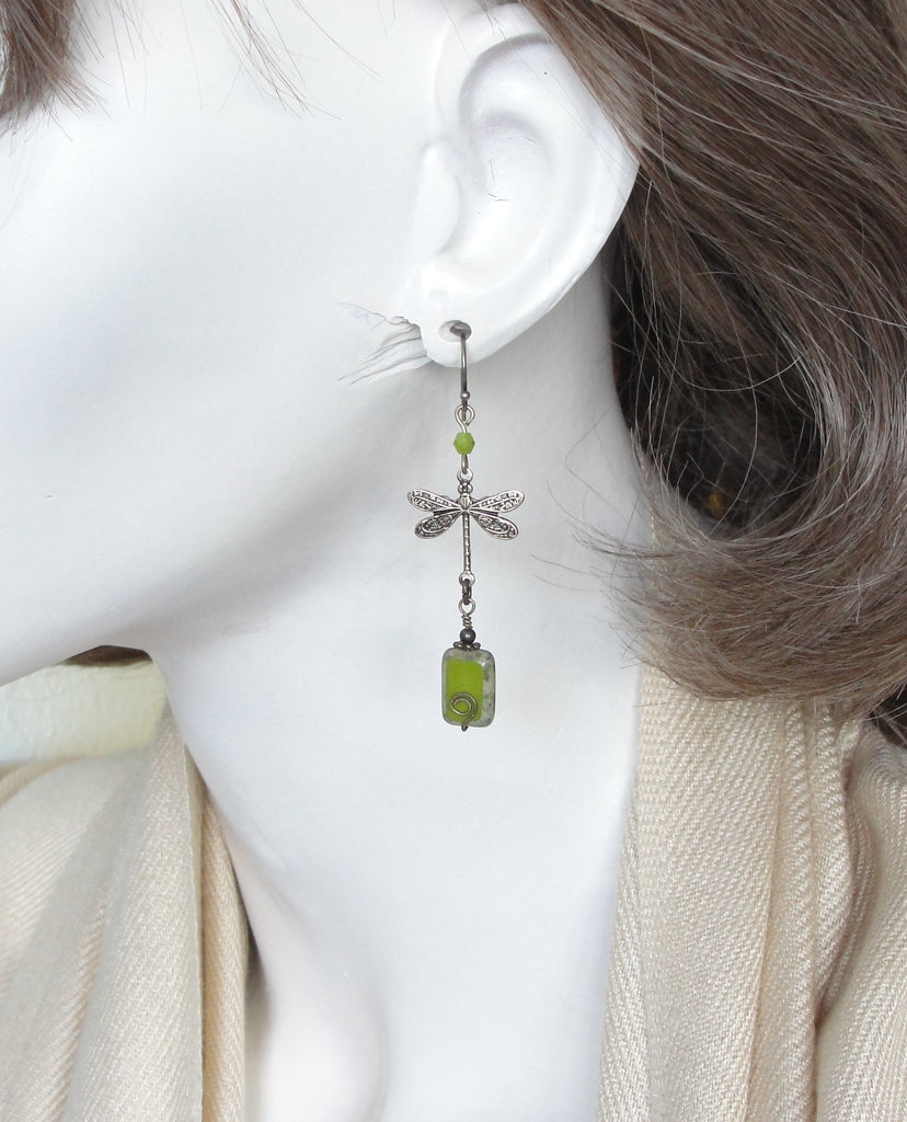 Olive Green Dragonfly Earrings and Handmade Spiral in Boho Chic Style on