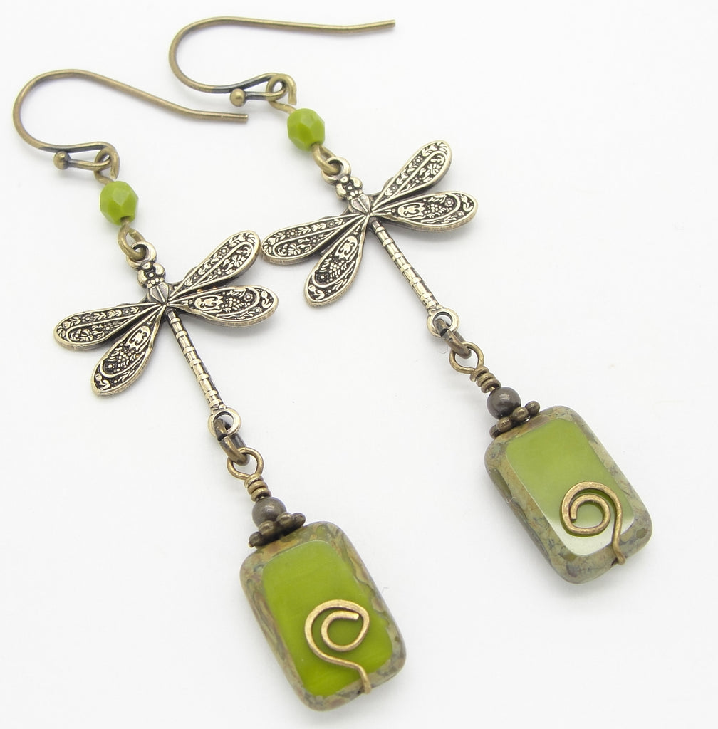 Olive Green Dragonfly Earrings and Handmade Spiral in Boho Chic Style
