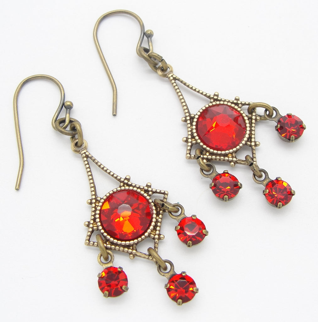 423 small red victorian chandelier earrings on white