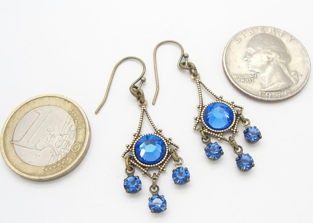 small sapphire blue crystal chandelier earrings in antiqued brass coins