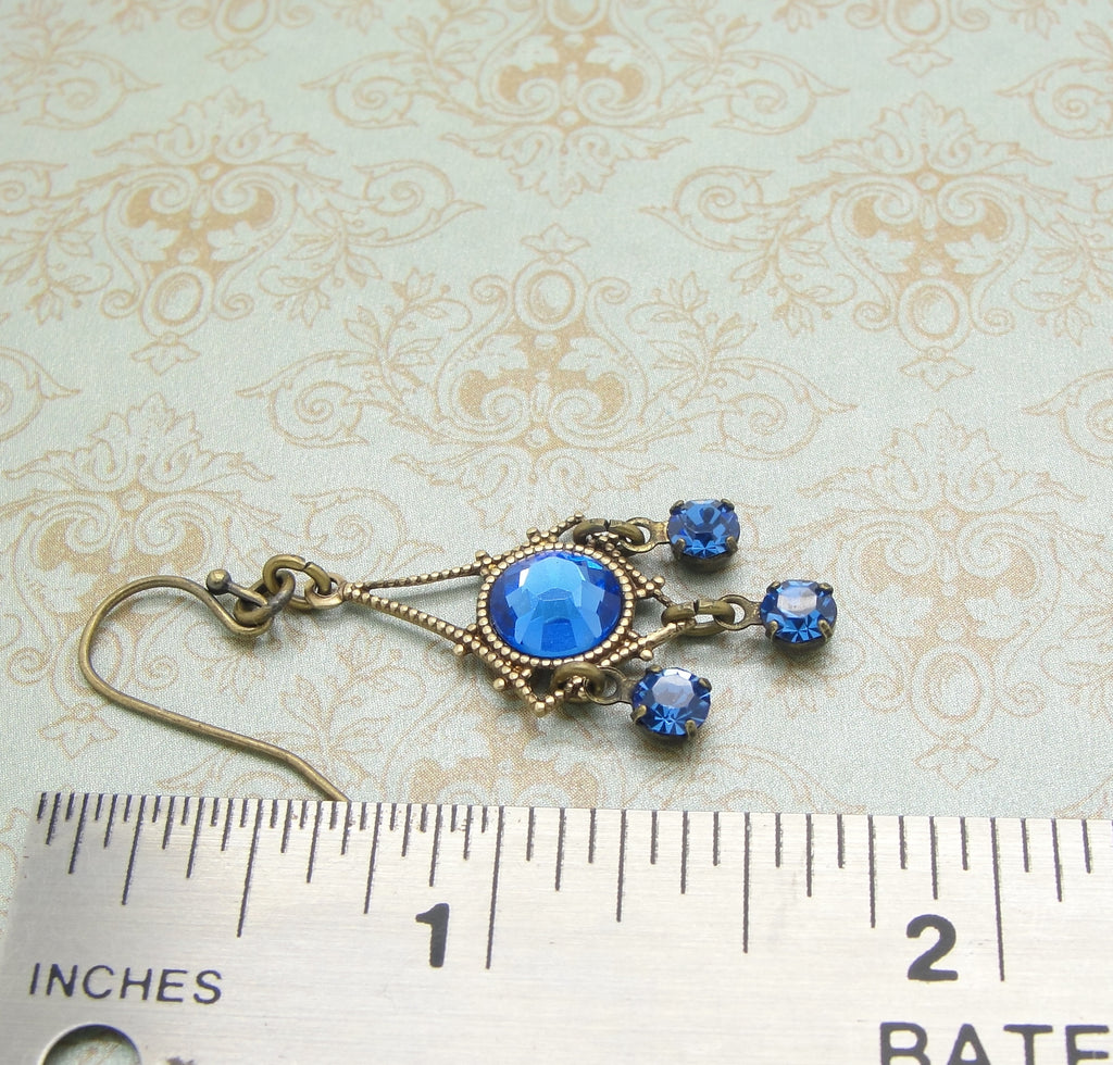 small sapphire blue crystal chandelier earrings in antiqued brass ruler