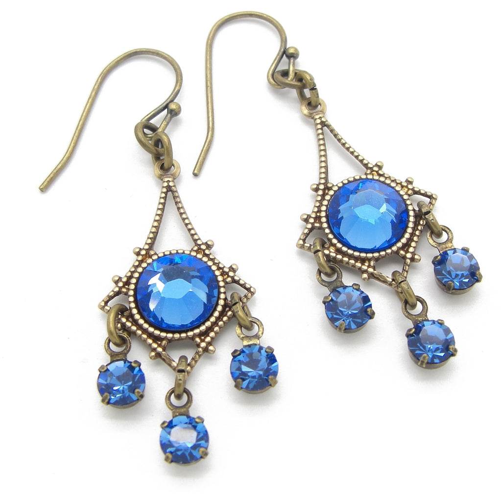 small sapphire blue crystal chandelier earrings in antiqued brass 